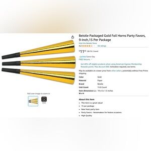 Beistle Packaged Gold Foil Horns Party Favors, 9-Inch,15 Per Package